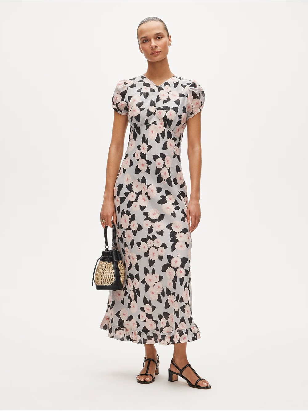 J. Crew Black and Blush Floral Midi Dress